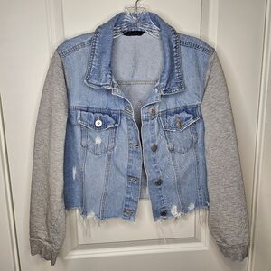 Y2K 80s Womens Distressed Denim Jacket XL Cropped Sweatshirt Sleeves Frayed Hem